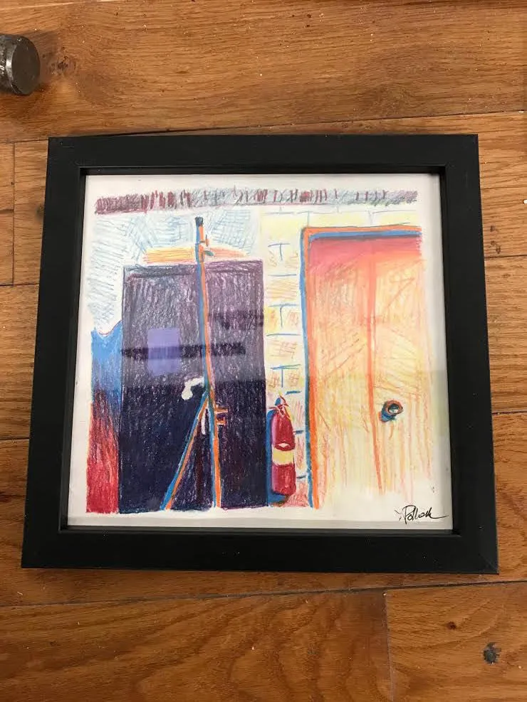 1980s Color Pencil OG Goddard-Era Sketch Doors & Fire Extinguisher