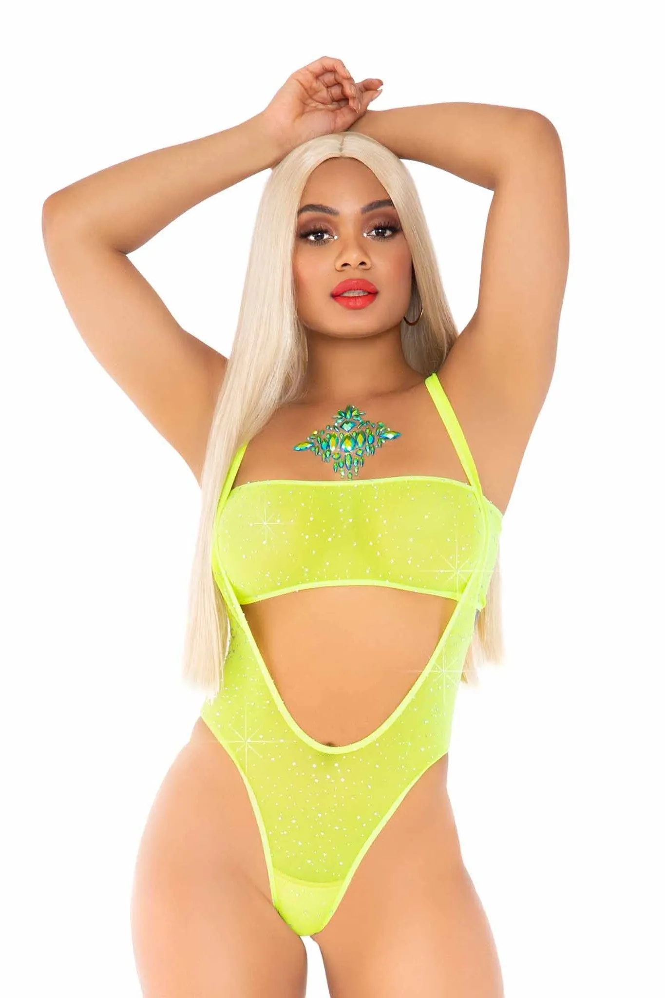 2 Piece Rhinestone Mesh Bandeau & Suspender Bodysuit