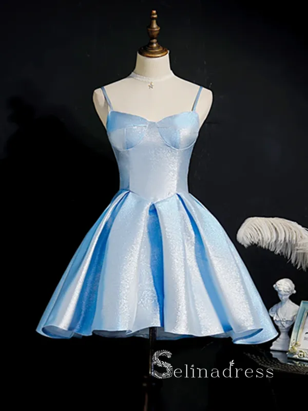 A-line Spaghetti Straps Light Sky Blue Short Prom Dress Homecoming Dresses #MHL122