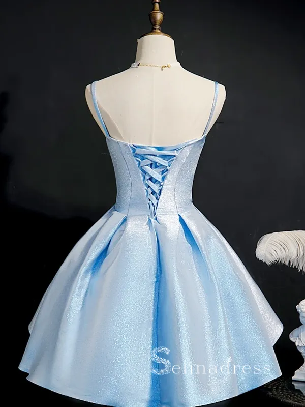 A-line Spaghetti Straps Light Sky Blue Short Prom Dress Homecoming Dresses #MHL122