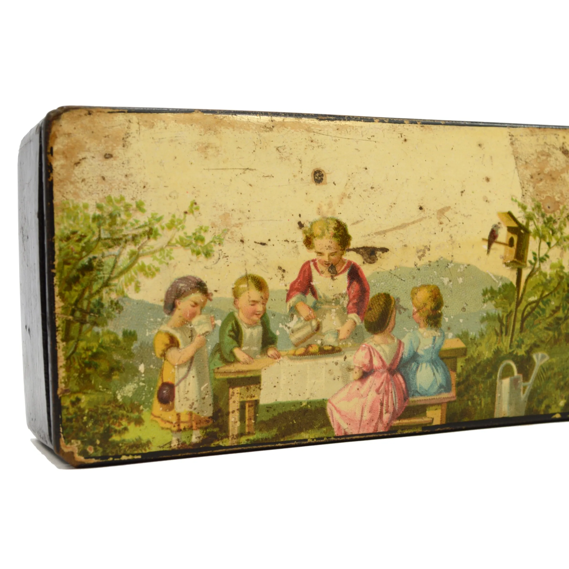 Antique ENAMELED PEN-PENCIL-ARTIST'S WOOD BOX Litho Lid w/ KIDS IN NATURE MOTIF