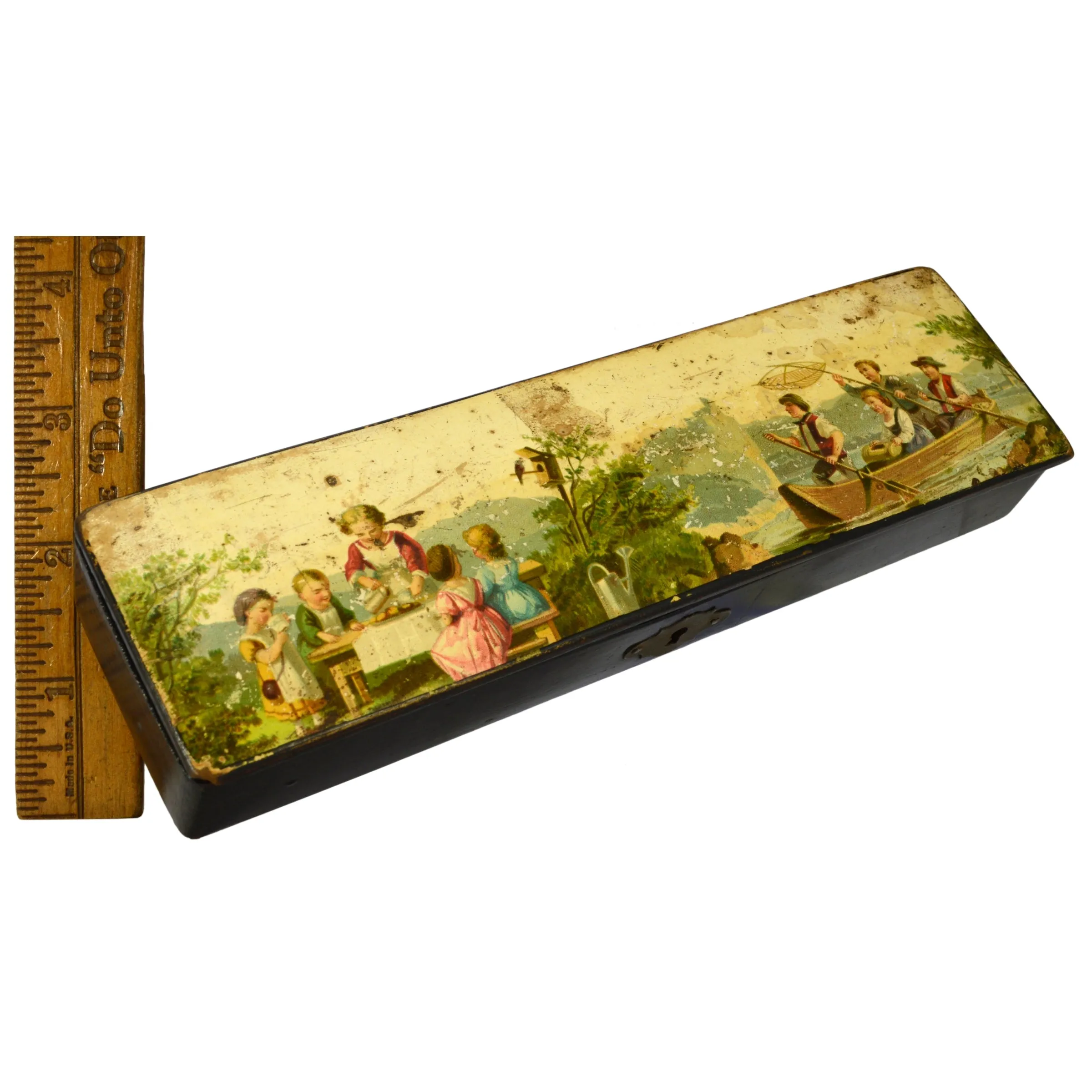 Antique ENAMELED PEN-PENCIL-ARTIST'S WOOD BOX Litho Lid w/ KIDS IN NATURE MOTIF