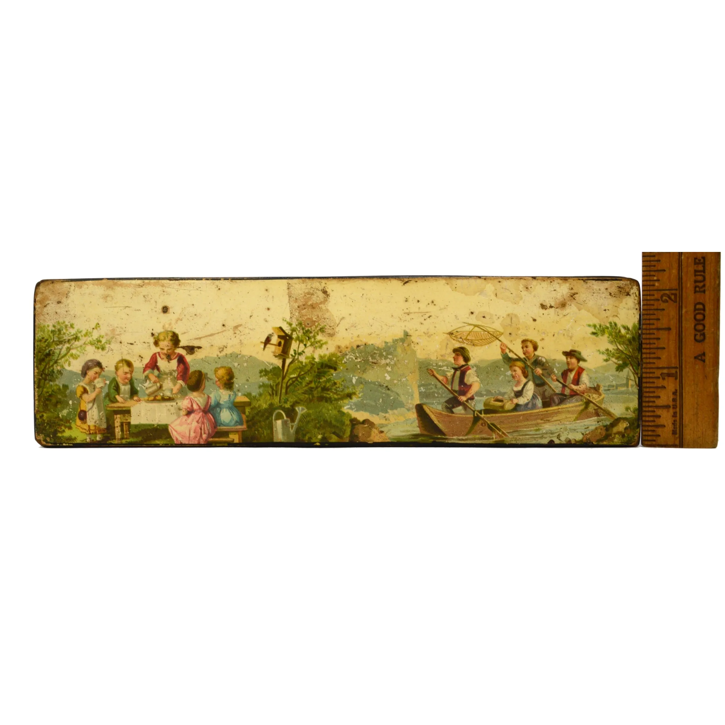 Antique ENAMELED PEN-PENCIL-ARTIST'S WOOD BOX Litho Lid w/ KIDS IN NATURE MOTIF