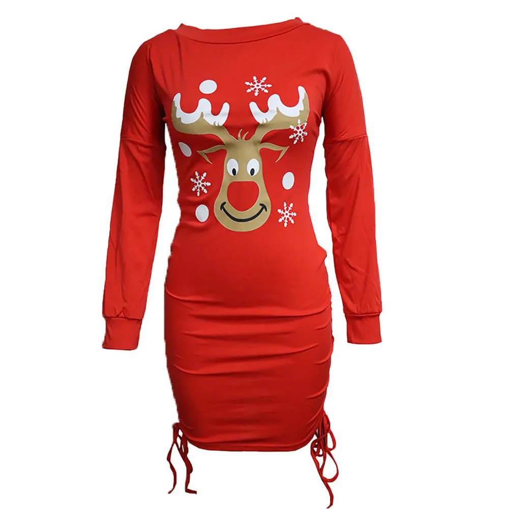 Autumn Pencil Dress High-Waist Christmas Shirring Ruched Hip Wrap Xmas Bodycon Female Clothing