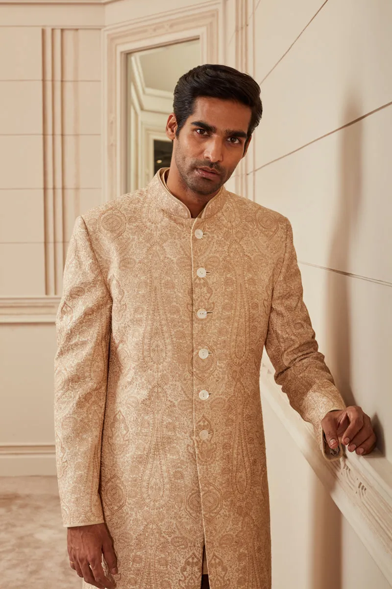 Beige Thread Embroidered Achkan