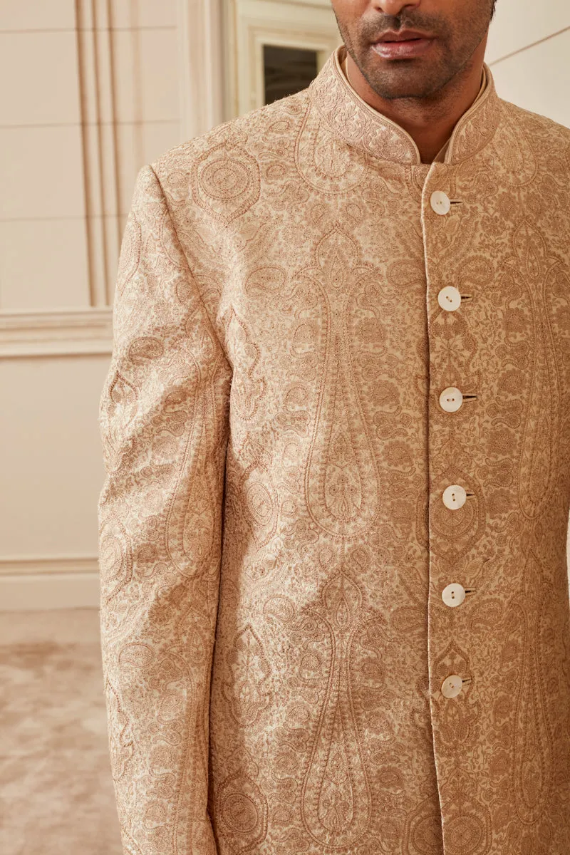 Beige Thread Embroidered Achkan