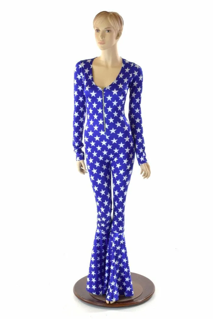 Bell Bottom Catsuit in Blue and White Stars