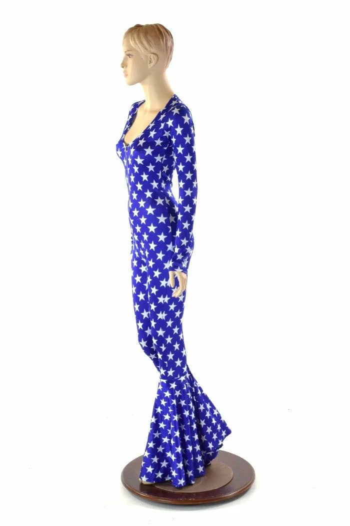 Bell Bottom Catsuit in Blue and White Stars