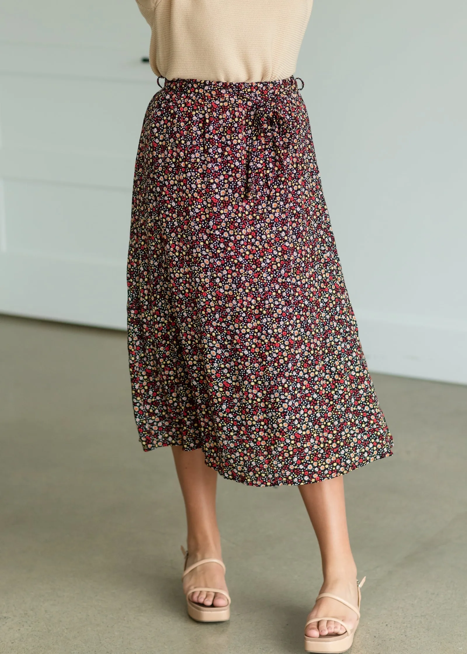 Black Ditsy Floral Belted Midi Skirt - FINAL SALE