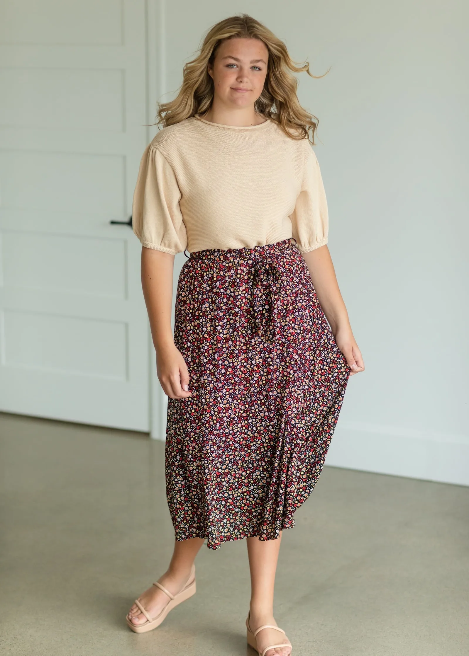 Black Ditsy Floral Belted Midi Skirt - FINAL SALE