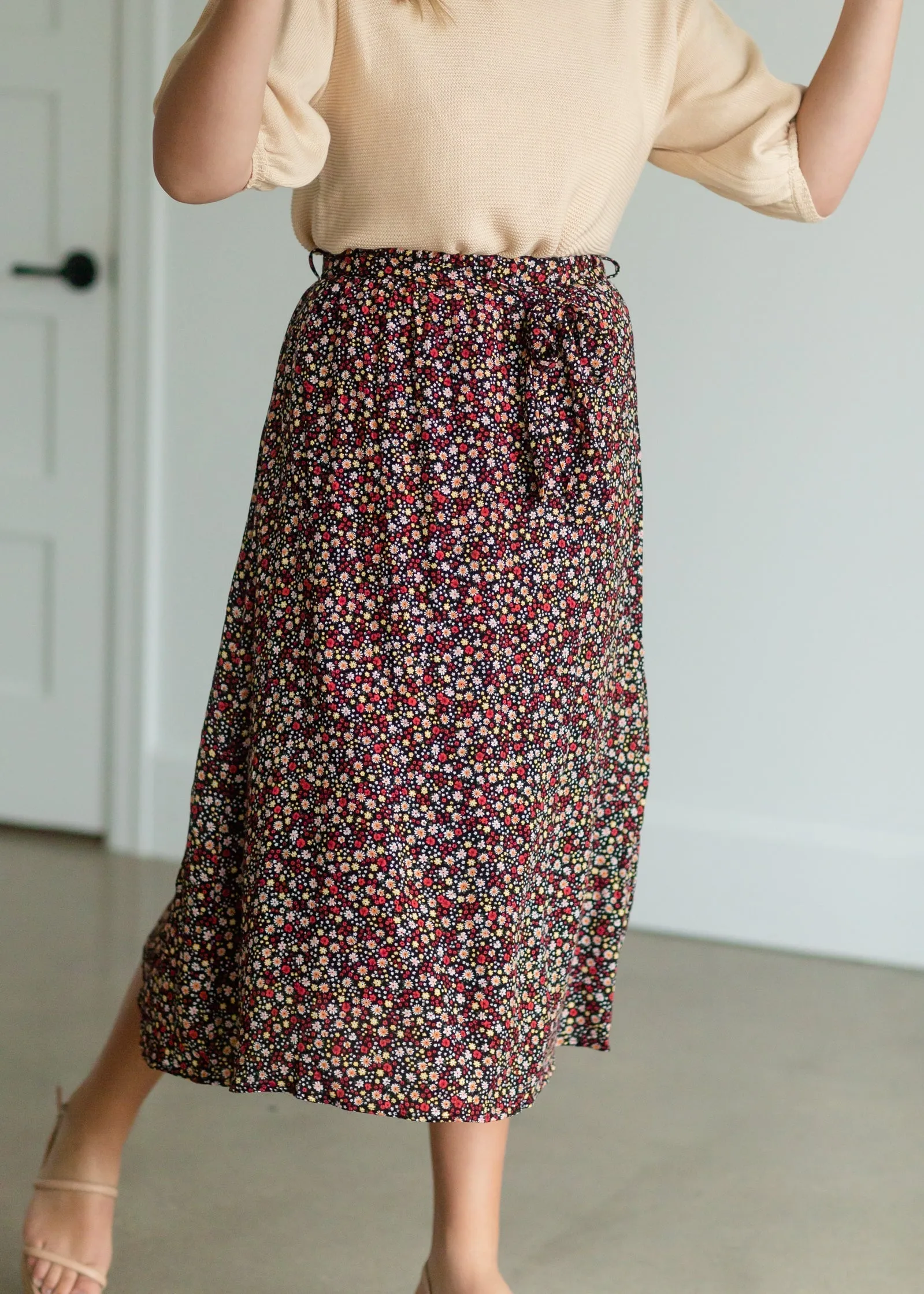 Black Ditsy Floral Belted Midi Skirt - FINAL SALE