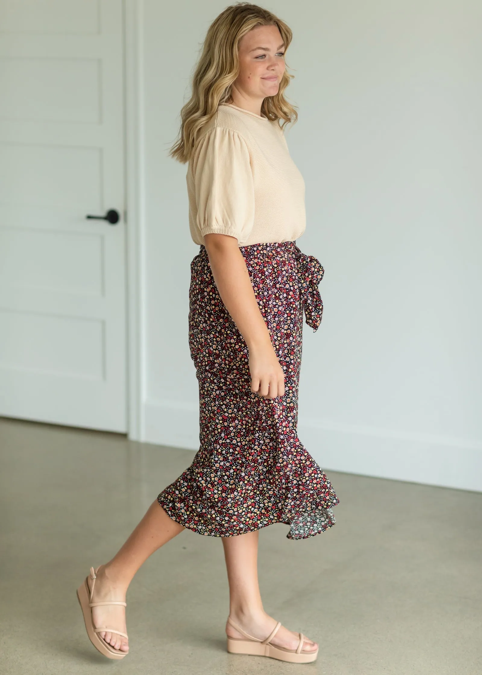 Black Ditsy Floral Belted Midi Skirt - FINAL SALE