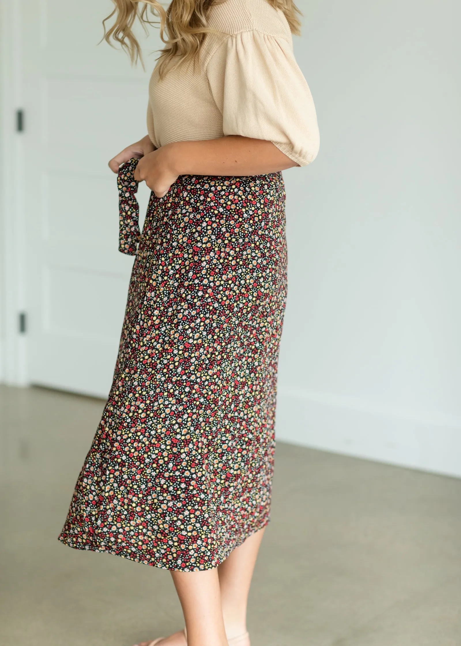 Black Ditsy Floral Belted Midi Skirt - FINAL SALE