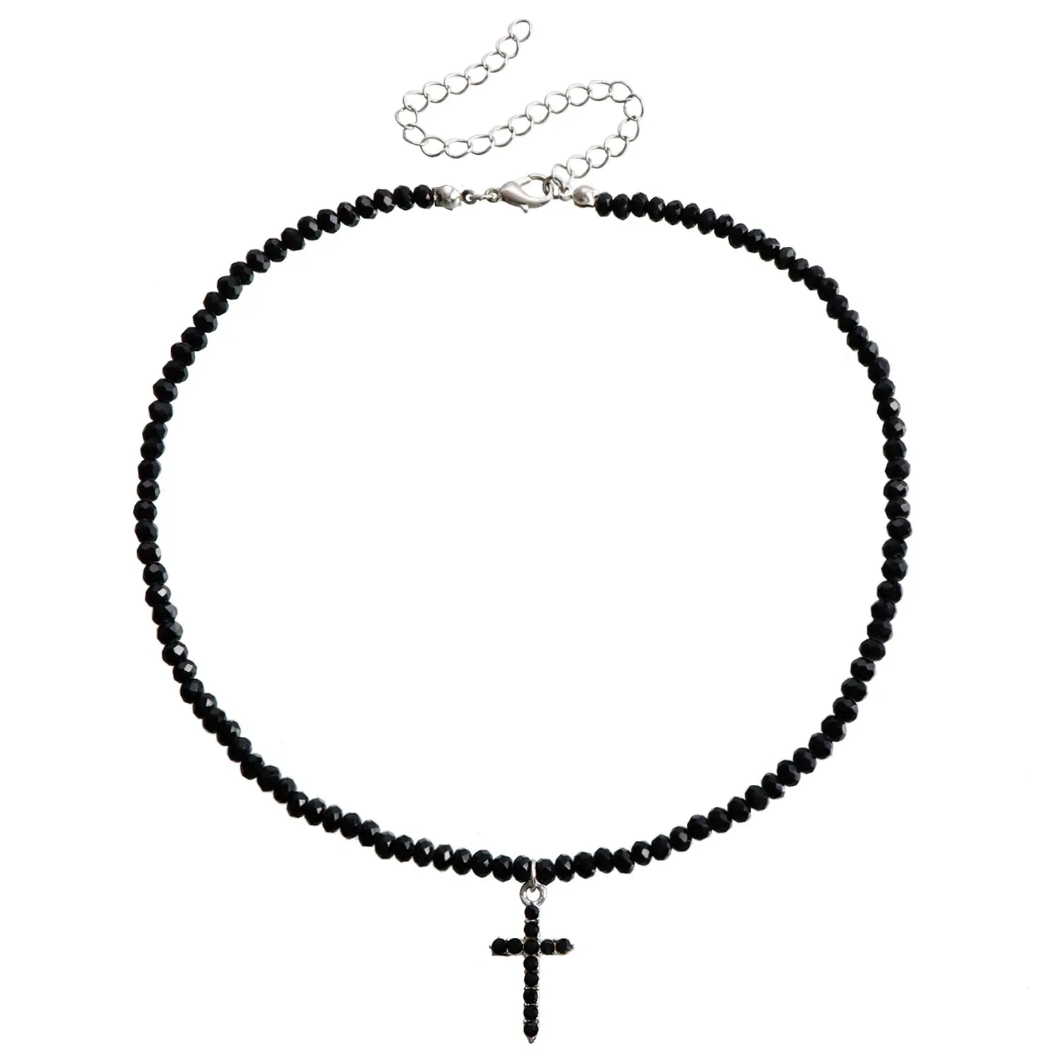 Black Faux Crystal Simple Cross Choker Necklace