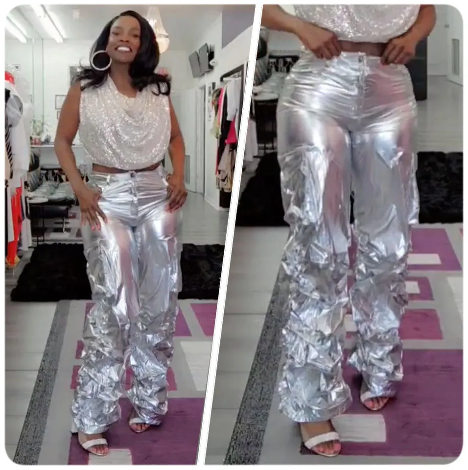 Celebrity Status Silver Metallic Pants