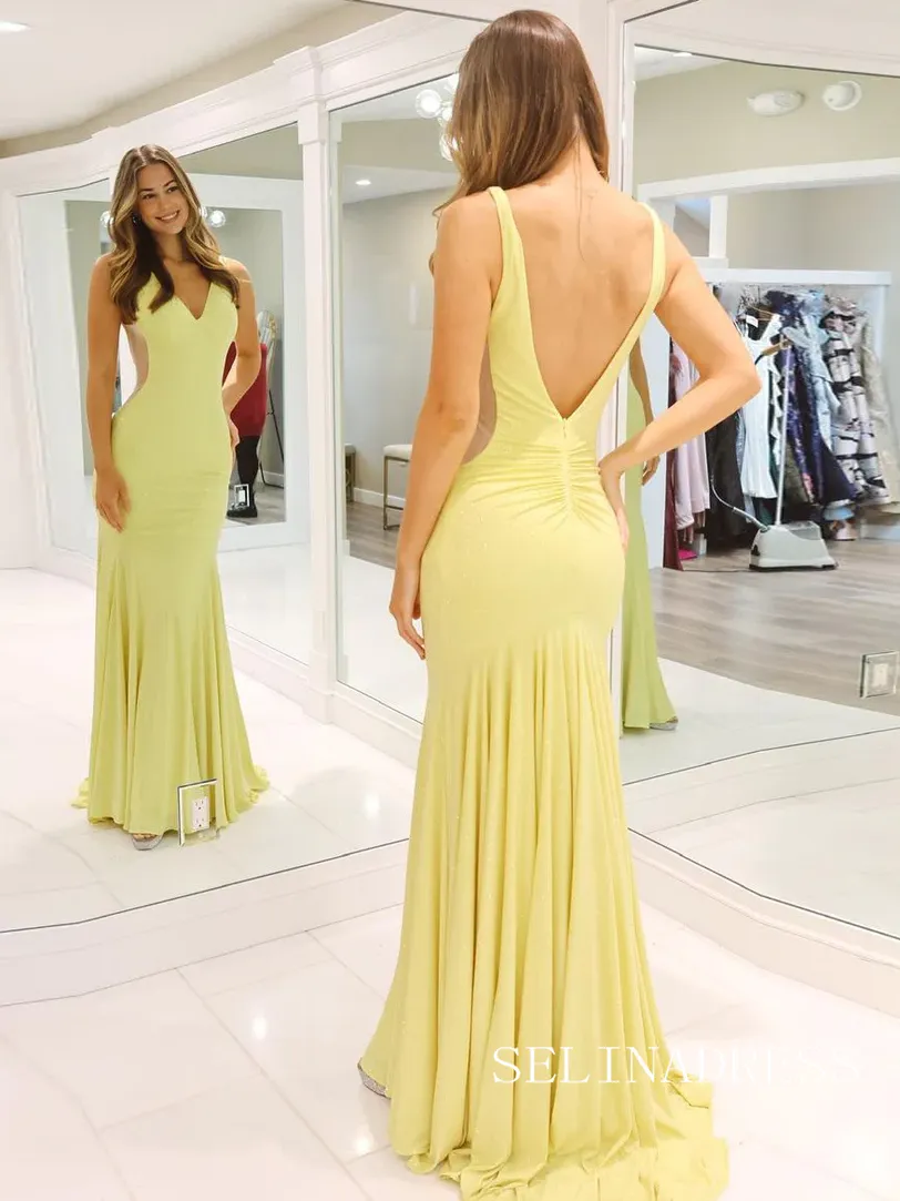 Charming Mermaid V Neck Daffodil Elastic Satin Prom Dress lpk539