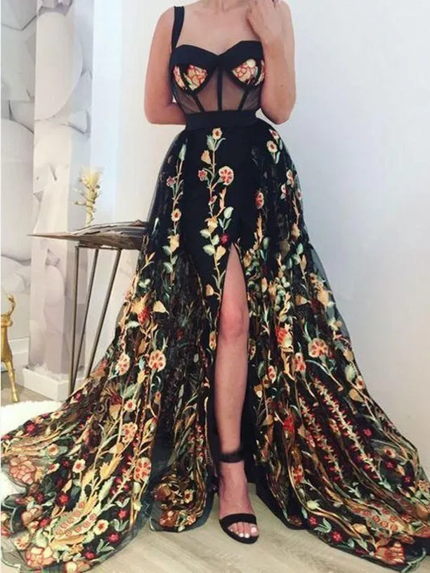 Chic A-line Straps Black Long Prom Dresses 3D Floral Lace Evening Gowns Formal Dresses KTS058