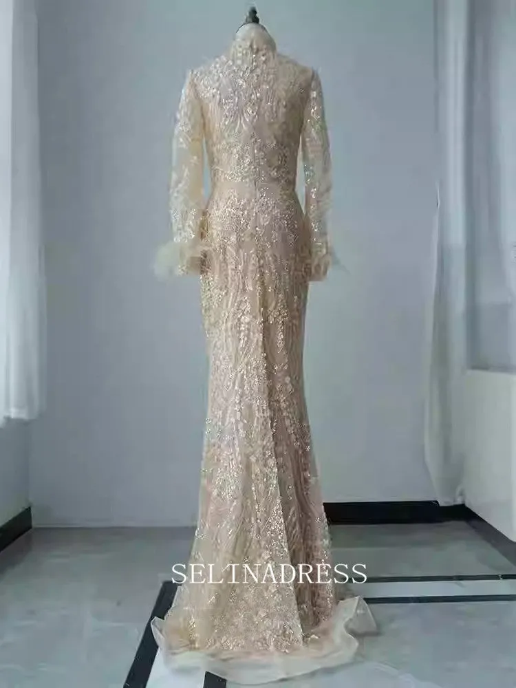 Chic Mermaid High Neck Long Sleeve Prom Dresses Elegant Beaded Evening Dress TKL3083