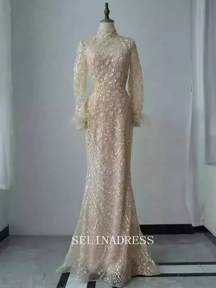 Chic Mermaid High Neck Long Sleeve Prom Dresses Elegant Beaded Evening Dress TKL3083