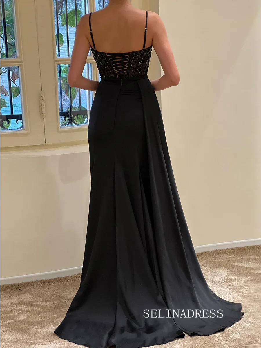 Chic Sheath/Column Spaghetti Straps Long Prom Dresses Elegantt High Split Beaded Evening Dress sew0215