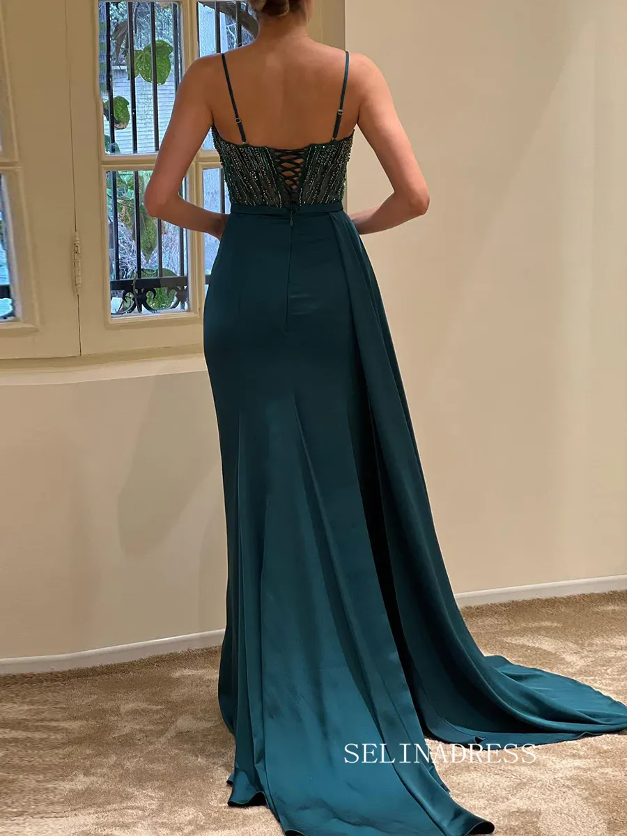 Chic Sheath/Column Spaghetti Straps Long Prom Dresses Elegantt High Split Beaded Evening Dress sew0215