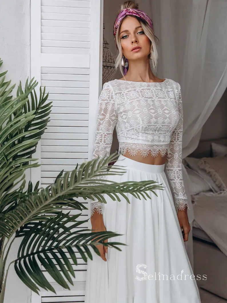 Chic Two Pieces Bateau Long Sleeve Boho Wedding Dress Lace Bridal Gowns MLH0490