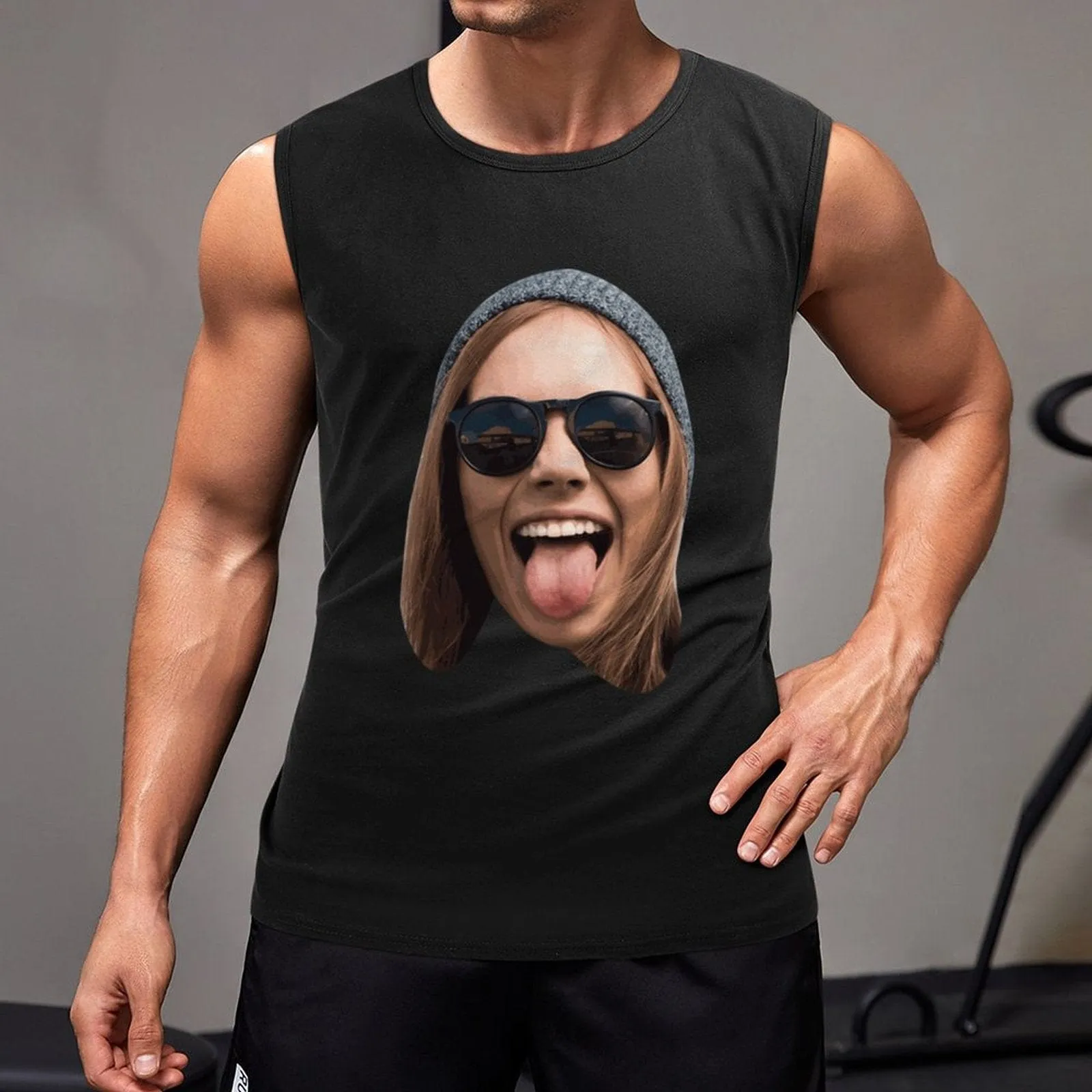 Custom Big Face Black Sleeveless 100% Cotton T-Shirt Personalized Men's All Over Print Tank Top