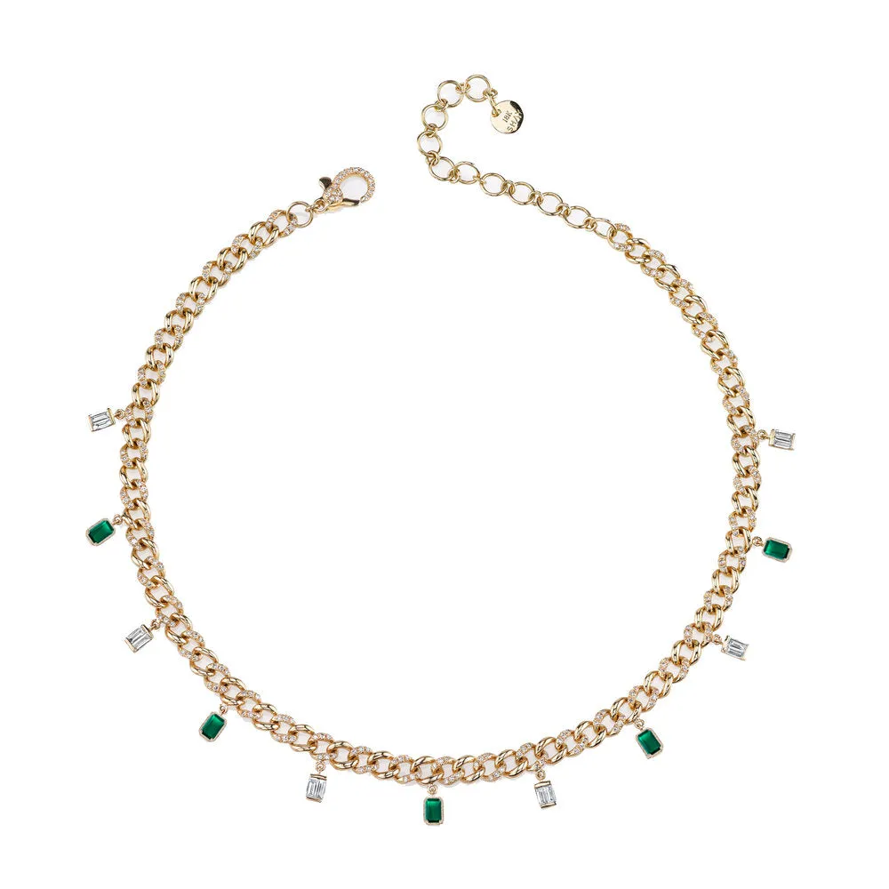 DIAMOND & EMERALD BAGUETTE DROP LINK NECKLACE