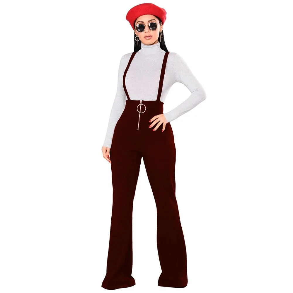 Echoine Women Trousers High Waist Large Round Buckle Pants Zipper Flared Leg Suspenders Sweatpants Female Retro Streetwear Lady