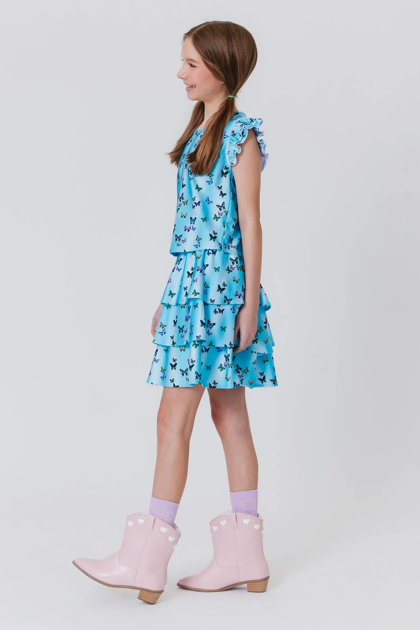 Girls Tiered Skirt in Butterfly Sky