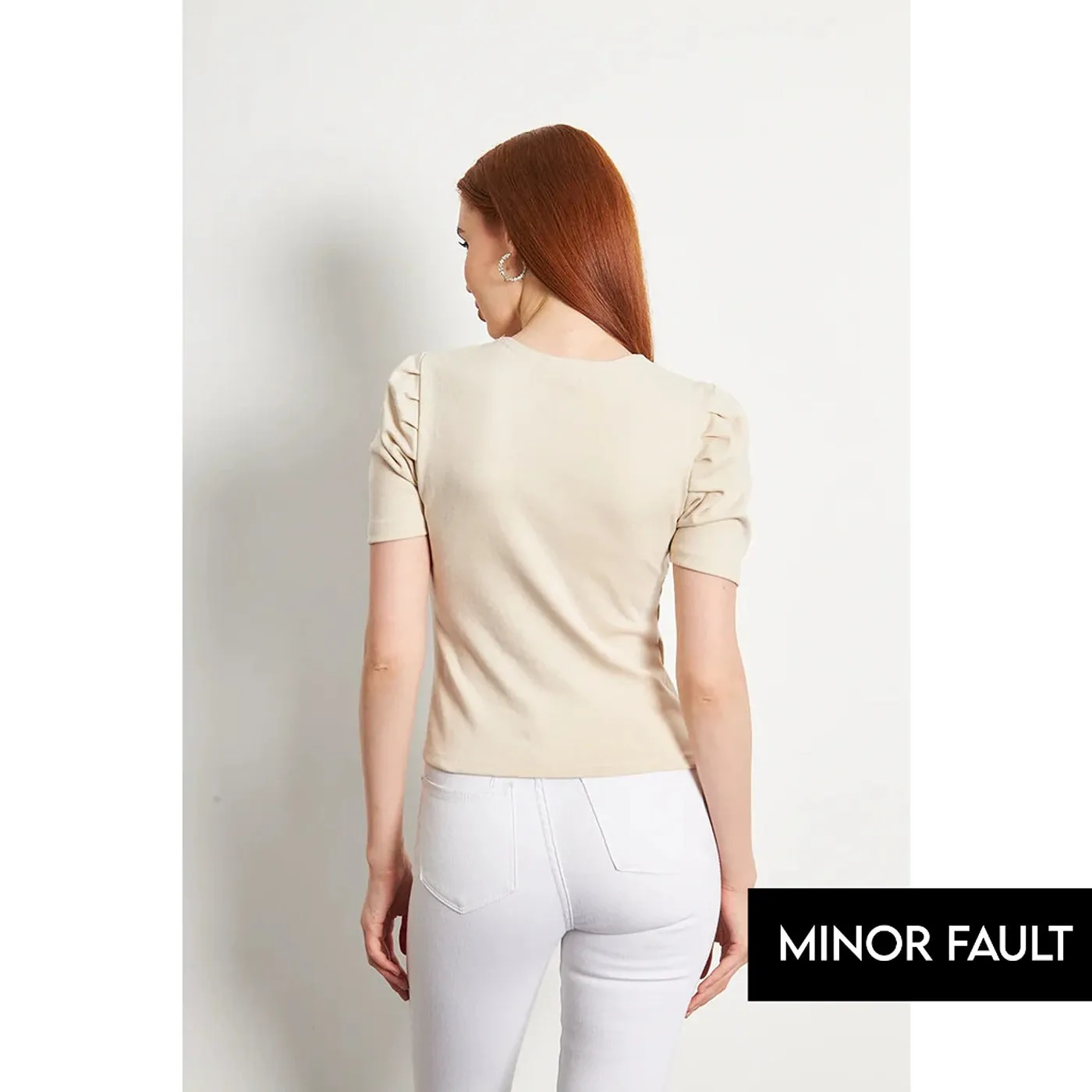 (Minor Fault) Beige Square Neck Puff Sleeves Top