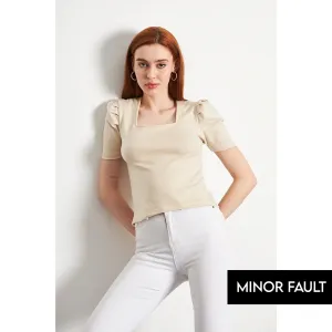 (Minor Fault) Beige Square Neck Puff Sleeves Top