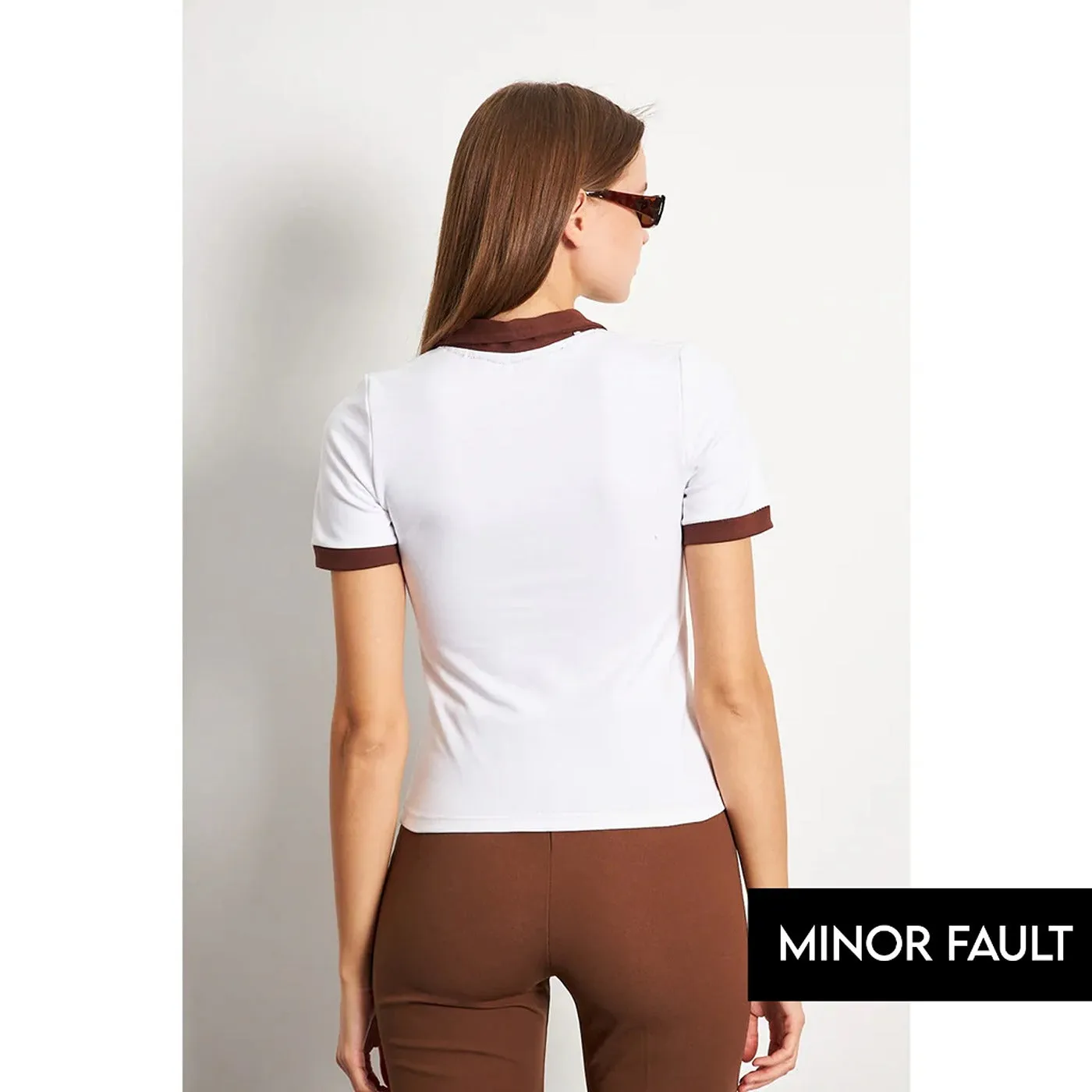 (Minor Fault) White Brown Rib Knit Polo