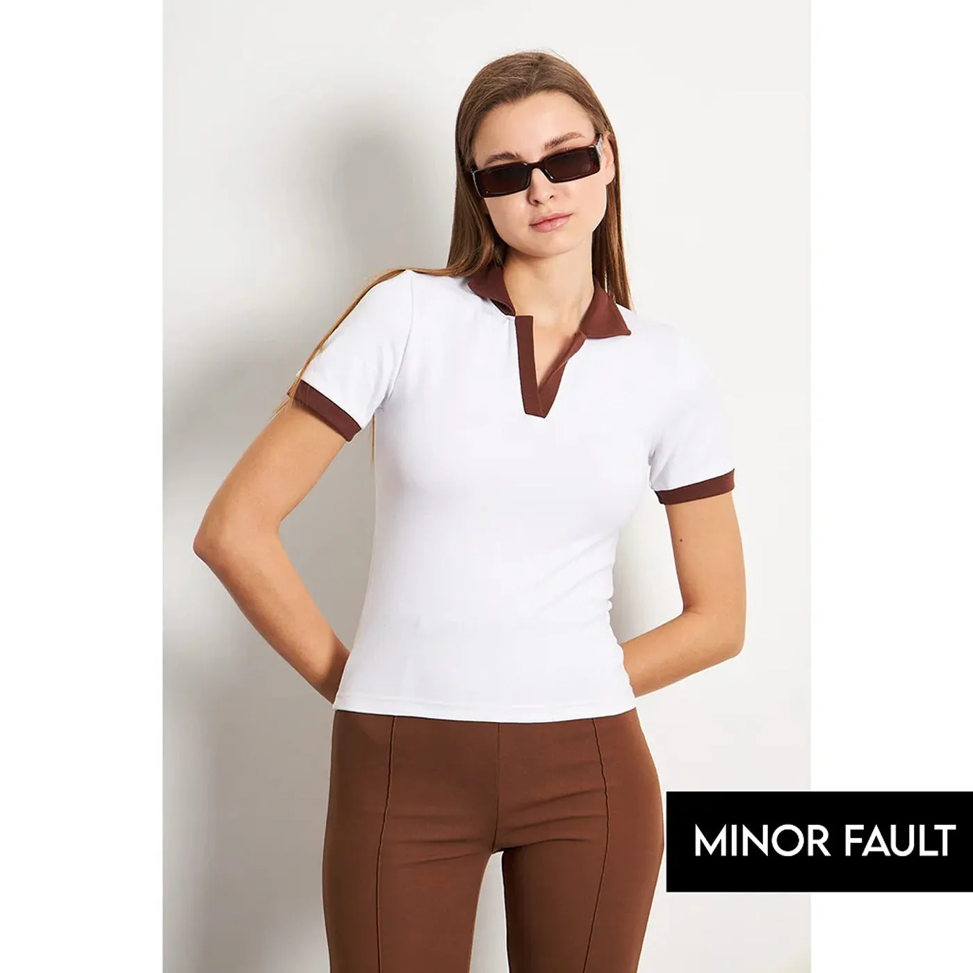 (Minor Fault) White Brown Rib Knit Polo