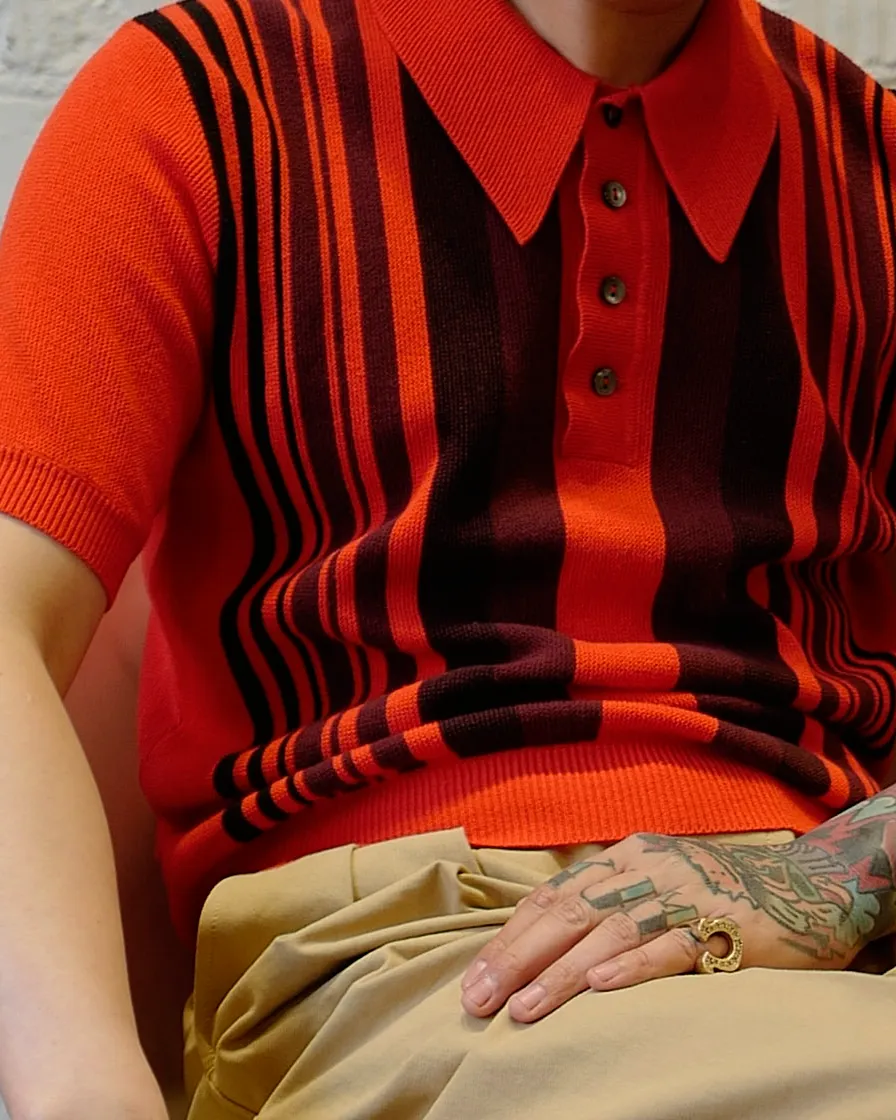 Orange Striped Knit Polo Shirt