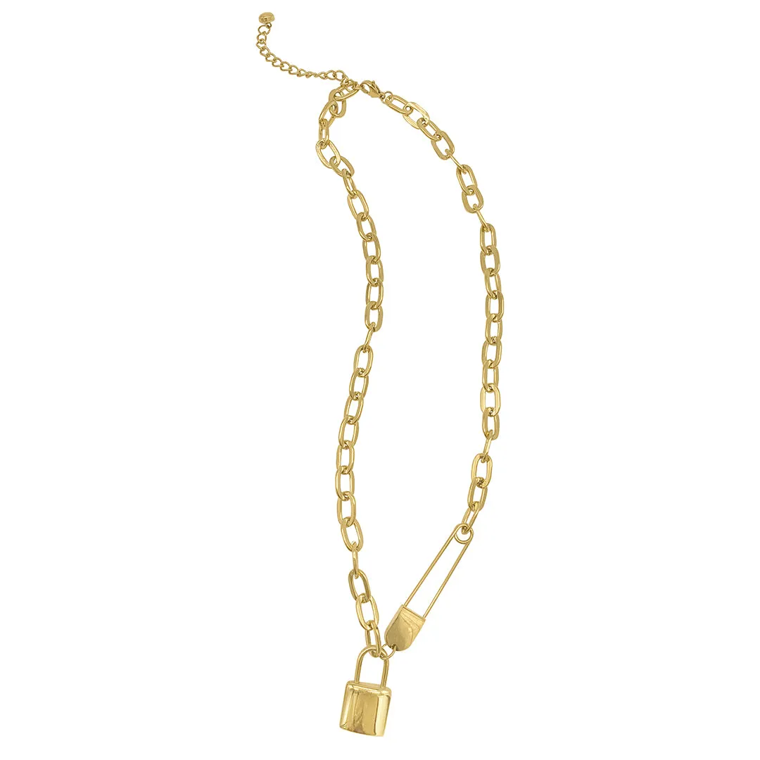 Safety Pin and Lock Chain Necklace gold