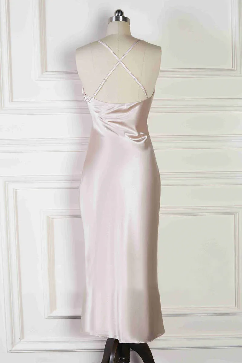 Spaghetti Straps Cowl Neck Tea-Length Champagne Bridesmaid Dress SEV003