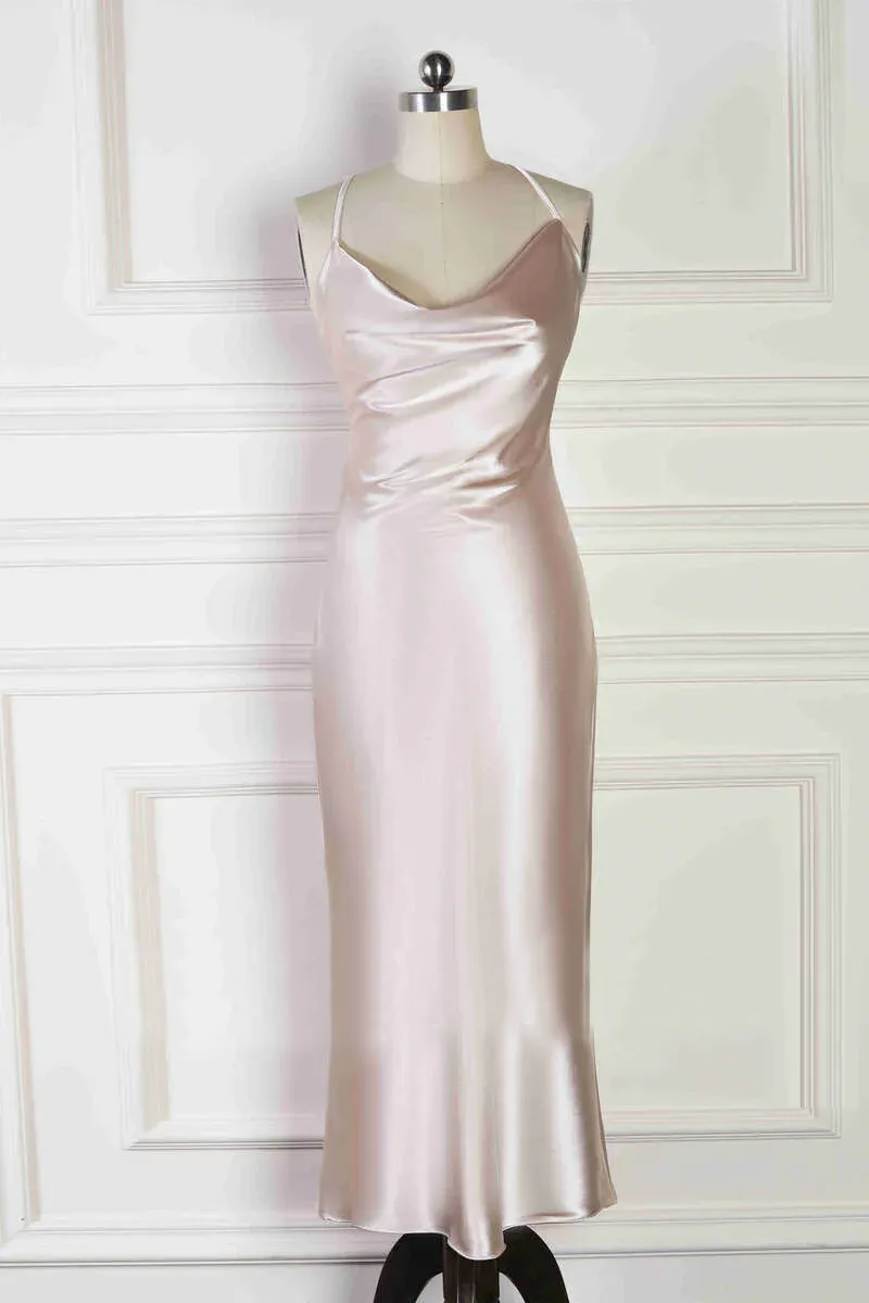 Spaghetti Straps Cowl Neck Tea-Length Champagne Bridesmaid Dress SEV003