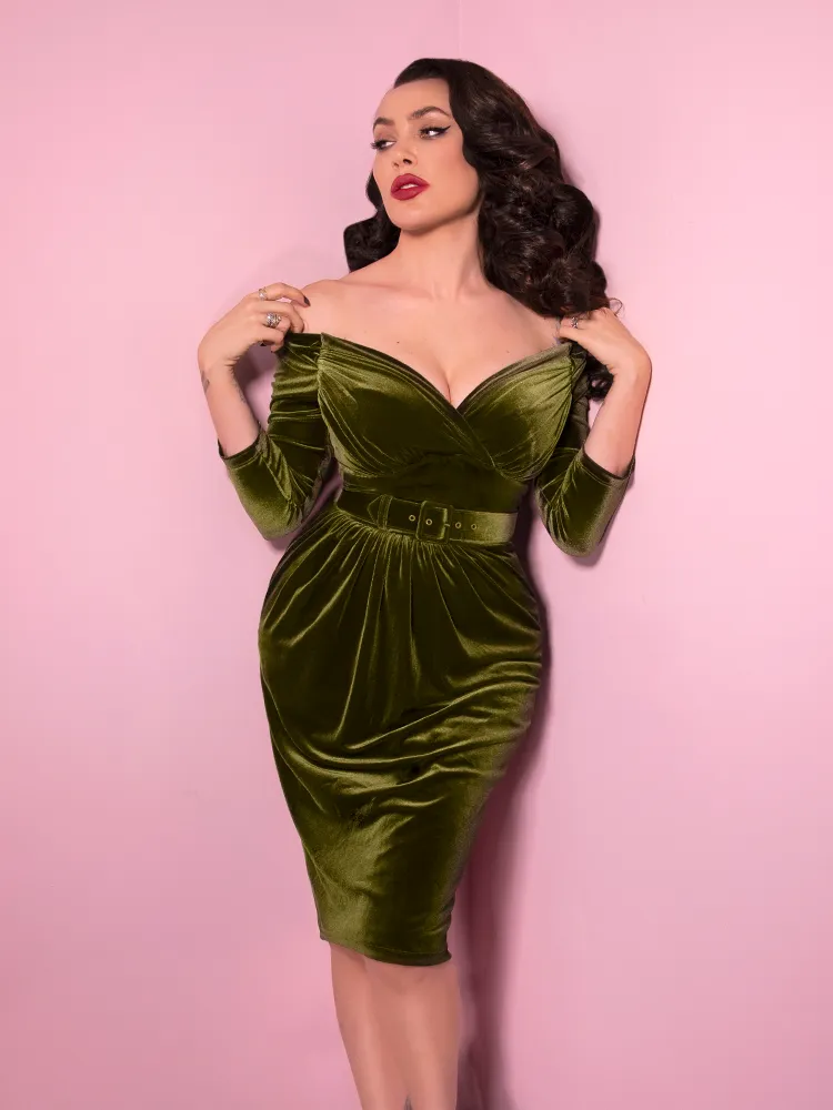 Starlet Wiggle Dress in Olive Green Velvet - Vixen by Micheline Pitt