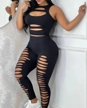 Two Piece Sets Womens Outifits 2023 Spring Fashion Ladder Cutout Round Neck Sleeveless Tank Top &; Sexy High Waist Long Pants Set